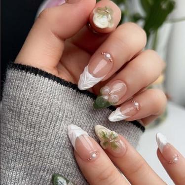 Imagem de Gifiky Unhas Postiças Curtas 3D Amêndoas Com Prensa Francesa Em Pontas De Flores Luxo Pérola Nude Para Mulheres E Meninas 24 Peças