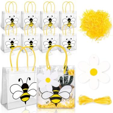 Imagem de FYSUIMU Conjunto de 12 sacos de presente de plástico transparente com alças fofas de abelha com fita de ráfia para pendurar para decoração de festa de chá de bebê