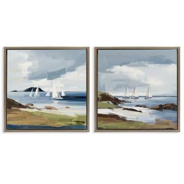 Imagem de Stupell Industries Nautical Sea Vessels Beach View 2 peças marrom emoldurado conjunto de tela flutuante design por Elara Yasna, 45,7 x 45,7 cm