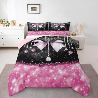 Imagem de Feelyou Jogo de cama fofo com laço para meninas, meninos, crianças, tamanho casal, com glitter, edredom com laço rosa, edredom de princesa, 3 peças, respirável, macio e leve de microfibra
