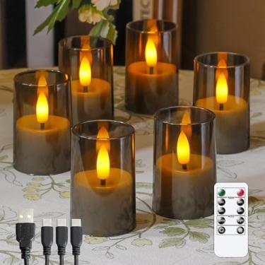 Imagem de Wroxipel Velas votivas acrílicas recarregáveis sem chamas com temporizador e controle remoto, 4,3 cm x 6,3 cm cintilante LED quente para casa, casamento, decoração de férias (conjunto de 6, cinza)
