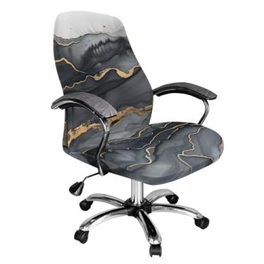 Imagem de Fiqyvagox Capa de cadeira de escritório elástica cinza cinza com estampa de mármore, respirável, fácil de remover, capa de cadeira de encosto alto, resistente a manchas, confortável, P