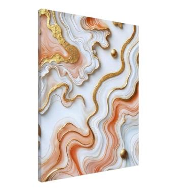 Imagem de PUREVACY Arte de parede de mármore para quarto, sala de estar ou escritório. Decoração de parede branca, dourada e laranja suave. Impressão em tela abstrata ondulada Orientação vertical 60 x 75 cm