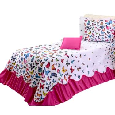 Imagem de Jogo de Cama Cobre Leito Solteiro, 3 Peças, com Babados, Pink Borboletas