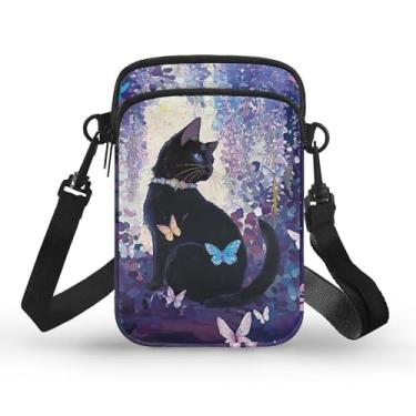 Imagem de WELLFLYHOM Mini bolsa transversal carteira de telefone feminina bolsa mensageiro de lona, Borboleta de gato preta, One Size