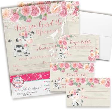 Imagem de Convites de chá de bebê para meninas – Conjunto de convites de chá de bebê de vaca floral rosa aquarela com ingressos de sorteio de fraldas, cartões de solicitação de livro e envelopes. Conjunto de 20
