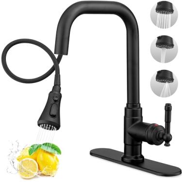 Imagem de HEYMYTAP Torneira de pia de cozinha preta de 3 funções, torneiras de cozinha giratórias de 360 graus com pulverizador de puxar para baixo, alça única com placa de deck para 1 ou 3 furos, aço