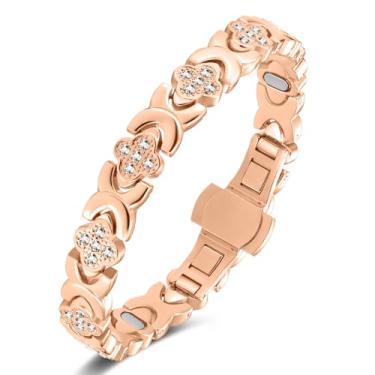Imagem de Jecanori Pulseira de cobre magnética de força 5X para mulheres — Ímãs de elipse Gauss atualizados — Fecho de borboleta premium e comprimento ajustável, trevo de quatro folhas rosa dourada
