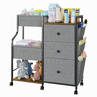 Imagem de Organizador de fraldas de bebê, organizador de bebê de 3 níveis e carrinho de armazenamento com divisórias e gavetas, carrinho de rodinhas utilitário móvel, carrinho de armazenamento essencial para
