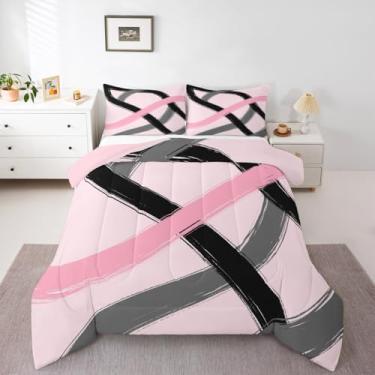 Imagem de jejeloiu Conjunto de edredom com listras pretas e cinza rosa, tamanho Queen, geométrico, moderno, arte abstrata, para meninos, meninas, adolescentes, luxuoso, geométrico, decoração de quarto