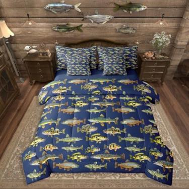 Imagem de Erosebridal Jogo de cama Queen Pike Fish, retrô para meninos e meninas, pesca e caça (edredom + lençol de cima + 2 fronhas + 2 capas de travesseiro) Conjunto de cama com 7 peças