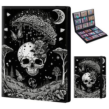 Imagem de FUYOCWE Pasta Para Cartas De Beisebol Mtg Yu-Gi-Oh Tcg, Porta-Cartas Esportivas, Capa Com 9 Bolsos, Carregamento Lateral, Álbum Coleção 900 Elástico - Caveira Gótica, Arte Em Preto E Branco