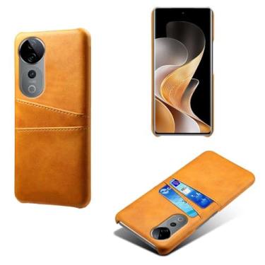 Imagem de Capas Compatível com VIVO S19 PRO 5G,Caso de couro PU-Tampa de telefone a prova de choque com 2 slots de cartão,Proteção anti-impressão digital e anti-gota-Yellow