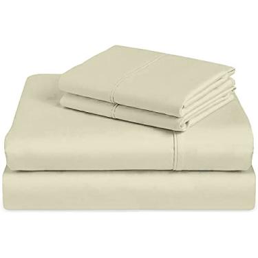Imagem de Shreem Linen Conjunto de lençol casal 100% algodão egípcio 400 fios, bolso profundo de 38 cm, ajuste confortável, lençóis macios e nítidos com trama de cetim, 4 peças (marfim sólido)