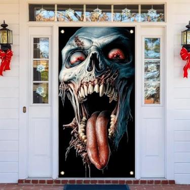 Imagem de Starlit Patio Capa de porta de Halloween, 188 x 89 cm, crânio assustador, faixa espiando, cortina assustadora para porta da frente, decoração assustadora, casa assombrada, adereço, festa de Halloween