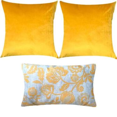 Imagem de Kit 3 Almofadas Composê Veludo Amarelo Liso e Floral - Sua Casa Decor