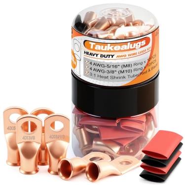 Imagem de 20 peças 4 AWG 5/16 3/20.3 cm terminais de cabo de bateria, conector de crimpagem de cobre de calibre 4 terminais de fio com 20 peças de tubo termorretrátil adesivo 3: 1 em garrafa de pescoço duplo