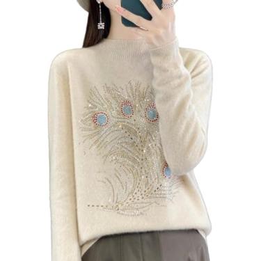 Imagem de 2024 Novo Suéter De Lã Com Strass De Penas Senhoras Outono Inverno Suéter De Caxemira Quente Manga Comprida Em Torno Do Pescoço Suéter De Malha Lazer Curto De Malha Para Ao Ar Livr, Beige, XXL