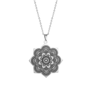 Imagem de EUEAVAN Colar feminino mandala flor da vida, corrente de aço inoxidável em camadas delicadas, flor de lótus budista Om mandala, presentes de mandala para mulheres e meninas, Aço inoxidável, Sem Pedra