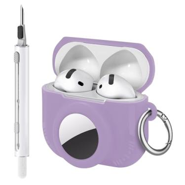 Imagem de Seltureone Compatível com AirPods 4 e AirTag 2 em 1, capa protetora de silicone macio compatível com AirPods 4ª geração com kit de limpeza e mosquetão - roxa