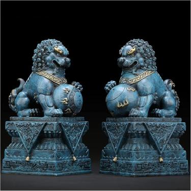 Imagem de Par De Estátuas De Foo Dogs Em Latão Grande Pequeno Feng Shui Decor Riqueza Prosperidade Azul Fu Dogs Estátua Leão Guardião Figurinhas Para Casa Sala De Estar Escrit, 16.5cm/6.5inch