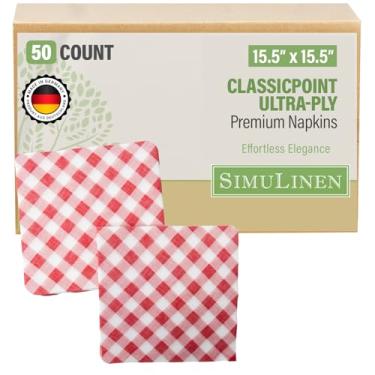 Imagem de SimuLinen Guardanapos de papel descartáveis ClassicPoint Red Gingham – Guardanapos de papel do dia a dia e guardanapos biodegradáveis, para festas, piqueniques, guardanapos de churrasco, almoços e