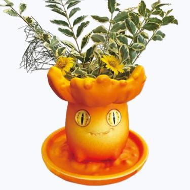 Imagem de NiuZi-cao Vaso de monstro com tema de fogo – Vaso de uso duplo com bandeja removível, perfeito para plantas pequenas, separadamente como suporte de caneta, prato de anel, porta-copos ou decoração de