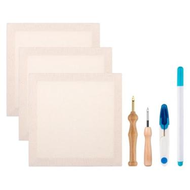 Imagem de Zuaooz Moldura de agulha perfuradora de 3 peças de 26 x 26 cm. O kit inclui 3 molduras de madeira cobertas com pano de monges, agulhas de perfuração de 3,5 mm e 5 mm, uma caneta de marcação e tesoura