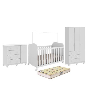 Imagem de Dormitório Júnior Guarda Roupa 3 Portas, Cômoda 1 Porta e Berço Uli com Colchão Supreme - Móveis Peroba