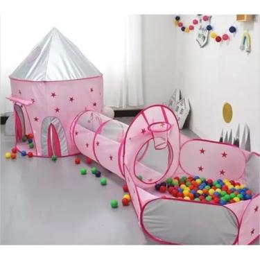 Imagem de Tenda Castelo Túnel Barraca Infantil 3 em 1- cesta brincadeira. Estrelinha Rosa