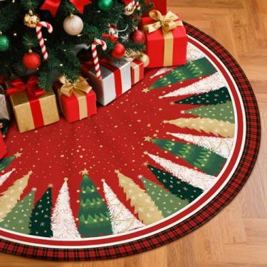 Imagem de Saia vermelha de árvore de Natal grande de 121 cm para árvore de 2,3 m, tapete xadrez de veludo macio para árvore de Natal para decoração de festa de inverno de casa de fazenda de ano novo para
