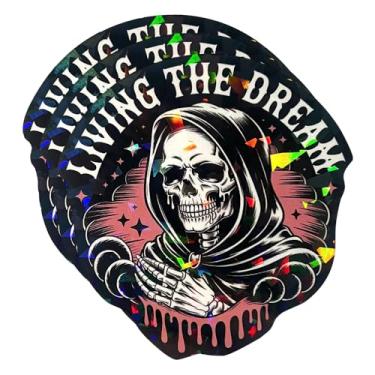 Imagem de Adesivo holográfico Living The Dream Grim Reaper (3 peças) – Decalque estético de esqueleto gótico para laptop, diário, garrafa de água – humor negro, 7,6 cm