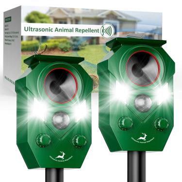 Imagem de Repelente ultrassônico de animais movido a energia solar com sensor de movimento, dissuasor de gatos à prova d'água com luzes LED piscando, perfeito para quintais ao ar livre, eficaz para repelir