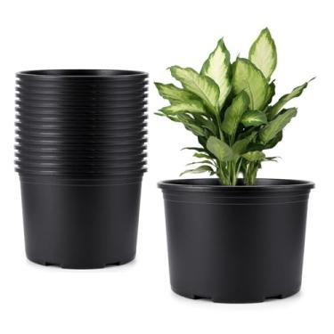 Imagem de MEJENYY Vasos de plástico para berçário de 2 litros, pacote com 15, vasos redondos de 21 cm com orifícios de drenagem, vasos de 21 cm para plantas internas ao ar livre, flores, preto