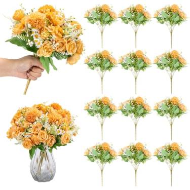 Imagem de KRFOONN 12 pacotes de flores artificiais, rosas laranjas, mistas, plantas falsas, hortênsias, girassóis, flores de seda, buquês de rosas falsas para festa de casamento, decoração de casa