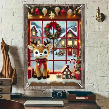 Imagem de BlissYard Decorações de janela de Natal, 81 x 128 cm, linda rena, vila nevada, mini guirlanda festiva de doces, silhueta caprichosa de janelas para decoração de festas de férias em ambientes internos