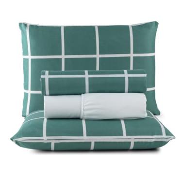 Imagem de Jogo de Cama Casal Box 4 Peças Micropercal 200 Fios com Lençol com Elástico e Fronhas – Toque Aveludado(Grid Verde)