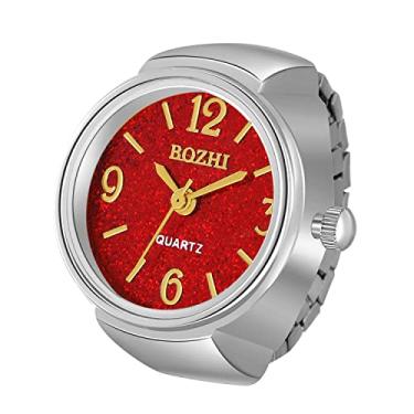 Imagem de JewelryWe Relógio de dedo masculino feminino banhado a ouro e prata anel elástico com mostrador redondo de glitter relógio de quartzo, para o dia dos namorados, Prateado - Vermelho