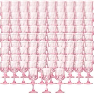 Imagem de XKXKKE 100 peças de copos de vinho de plástico rosa, taças de água de plástico para festas, copos de bebida com haste para recepção de casamento, suprimentos de bar de festa para grandes eventos