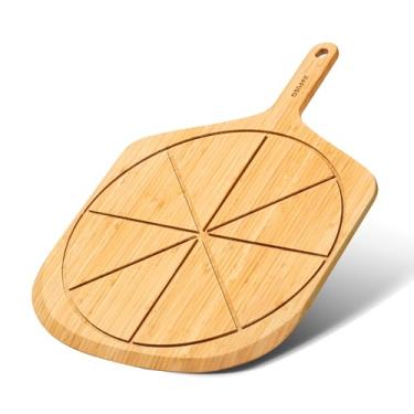 Imagem de JIAFUEO Peeling de pizza de madeira, espátula de pizza de 40,6 cm, tábua de servir, tábuas de corte de pizza de bambu com 8 ranhuras de fatias e alça para pizzas de confeitaria de forno de cozinha
