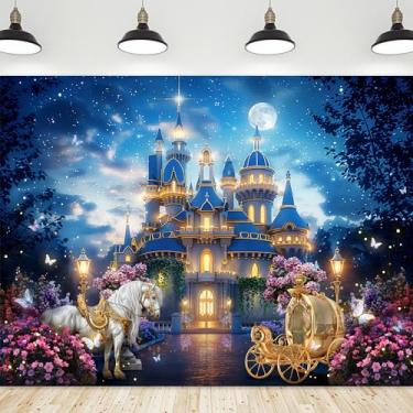 Imagem de Riyidecor Castelo de princesa pano de fundo tecido de poliéster jardim floral noite estrelada carruagem de cavalo 8x6H pés conto de fadas país das maravilhas fotografia fundo casamento aniversário