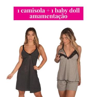 Imagem de Kit 1 Camisola +1 Baby Doll Pijama Amamentação Rendado Pós Parto para 