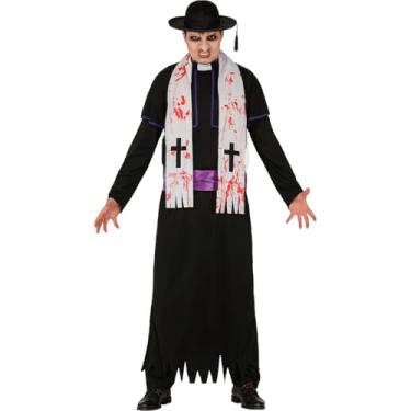 Imagem de Fantasia Masculina Adulta de Halloween Roupa de Padre Assassino Medieval Tunica Preta e Estola Sacerdote com Sangue