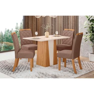 Imagem de Sala de Jantar Completa Orus c/ Tampo Madeirado 120x80cm e 4 Cadeiras Bella Nature/Off White - Suede Marrom - Henn