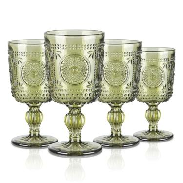 Imagem de Joeyan Taças de vinho verde, taça de vinho vintage de girassol, taças de vinho com haste boho colorida em relevo, vidro com contas para festa de Natal, casamento, 293 g, conjunto de 4, pode ser lavado