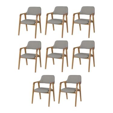 Imagem de Kit 8 Cadeiras De Jantar Ruth Estrutura Em Madeira Maciça Estilo Retrô Linho Cinza
