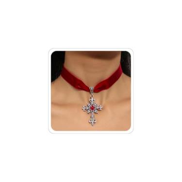 Imagem de ANGLEQUEEN Gargantilha feminina gótica de veludo vitoriano, cruz vitoriana, acessório de bruxa, Halloween, gótico, vintage, bijuteria, grau emo, Metal, Sem Pedra Preciosa