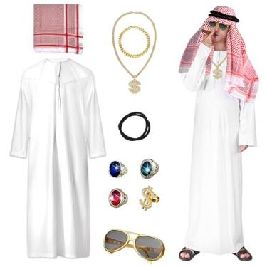 Imagem de SERTAS Conjunto de fantasia árabe, fantasia de xeique com acessórios, fantasia árabe para homens cosplay de Halloween, Branco, G