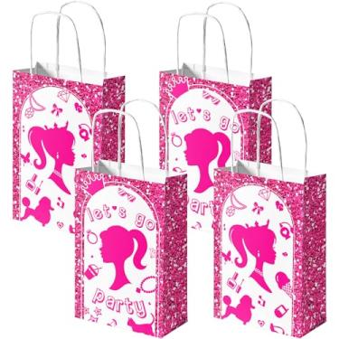 Imagem de Pacote com 24 sacolas de lembrancinhas de festa rosa para meninas – Sacos de brindes com alças, decorações de aniversário rosa, suprimentos de festa de princesa para meninas