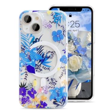 Imagem de UEEBAI Capa magnética para iPhone 13/14, capa de flores compatível com MagSafe, capa de telefone bonita floral com carregamento sem fio, flores luxuosas, antiamarelamento, capa transparente para